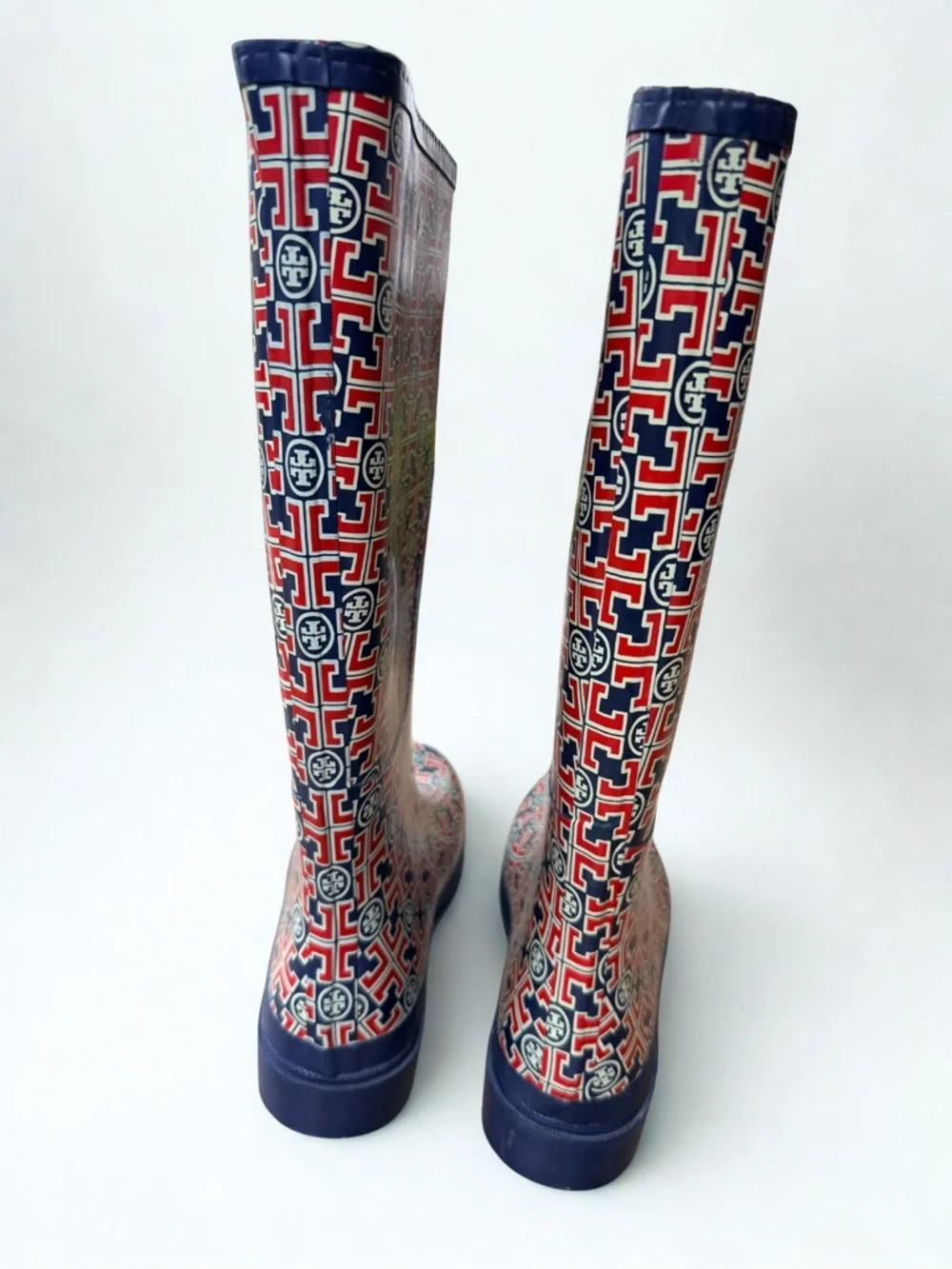 ☔️ TORY BURCH Navy, Red & Yellow Logo Rain Boots Excellent Pre-❤️ Condition